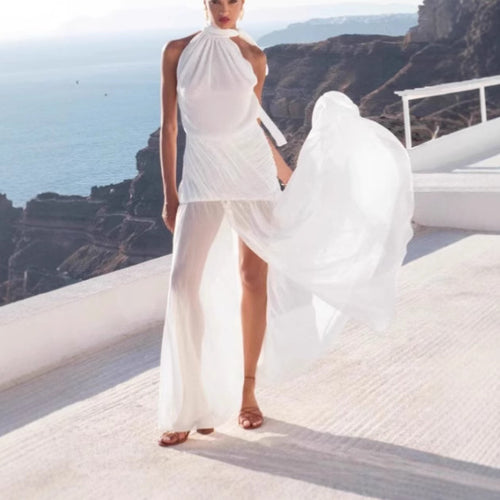 Femme Elegante Halterneck Flydende Maxikjole Stilla