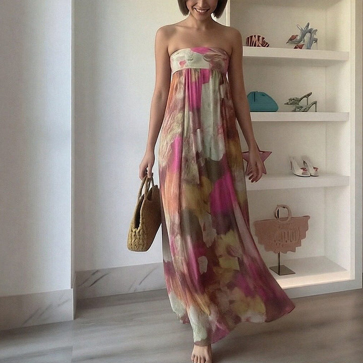 Kvinders Lange Strandkjole med Off-Shoulder Design og Blomster Mønster Stilla