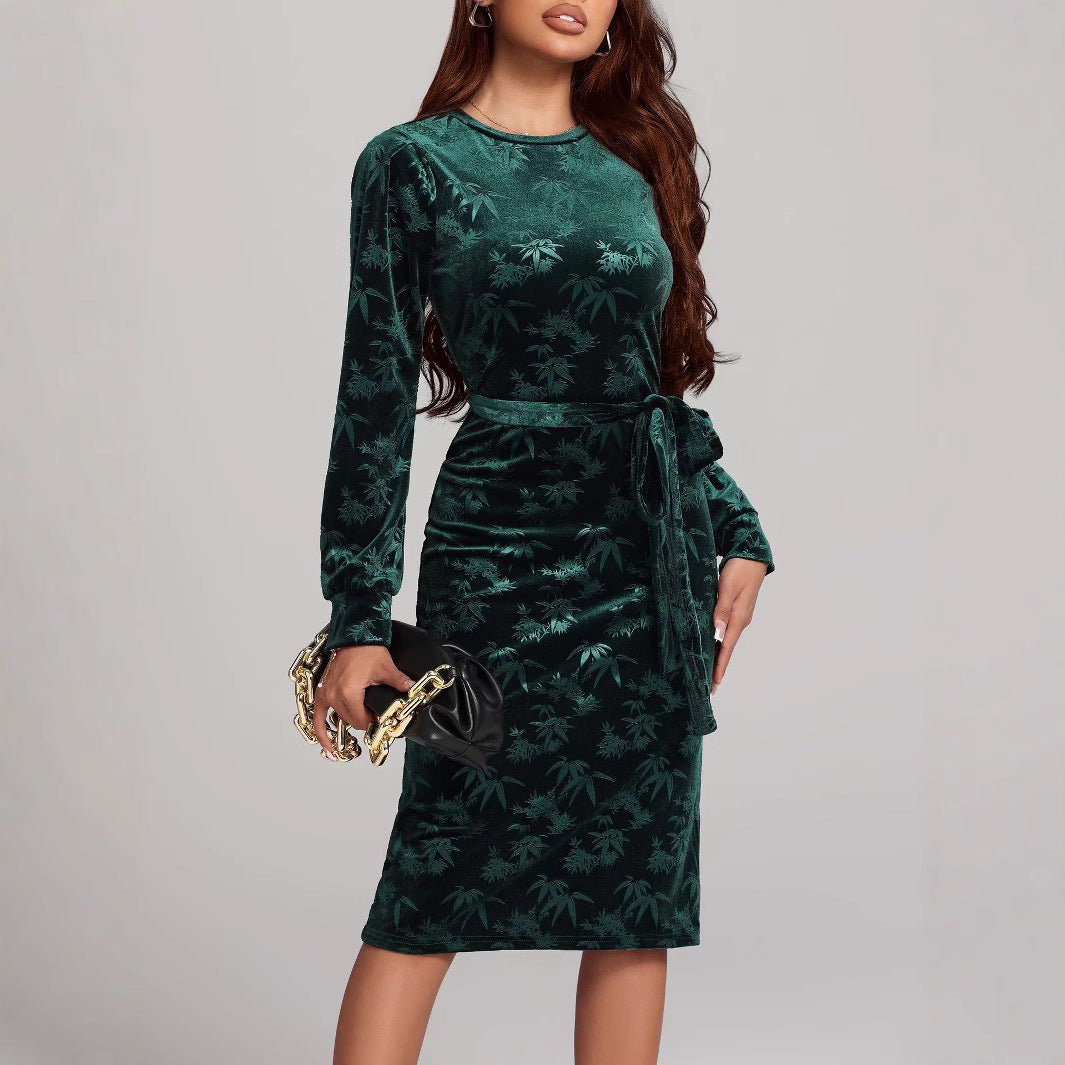 Dame elegant Velour-Midi-Kjole med taljebælte og lange ærmer Stilla