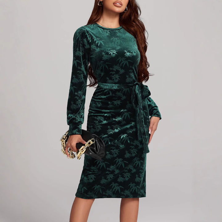 Dame elegant Velour-Midi-Kjole med taljebælte og lange ærmer Stilla