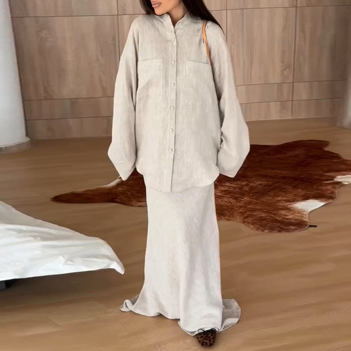Dame linned sæt med oversized skjorte og flydende nederdel Stilla