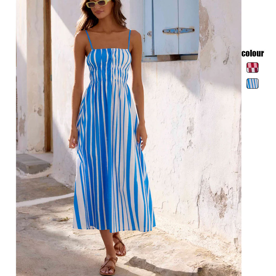 Women's summer maxi dress with narrow straps and sophisticated striped pattern Skovae