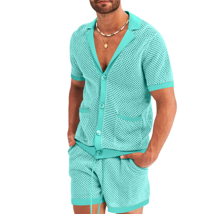 Herrer nan åben netstrik-cardigan med matchende snortræk-shorts Skovae