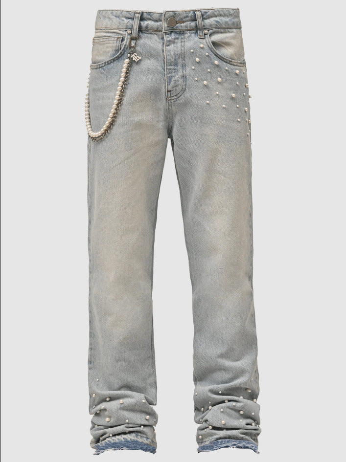 Dame Designer-Denim-Jeans med perleudsmykning Stilla