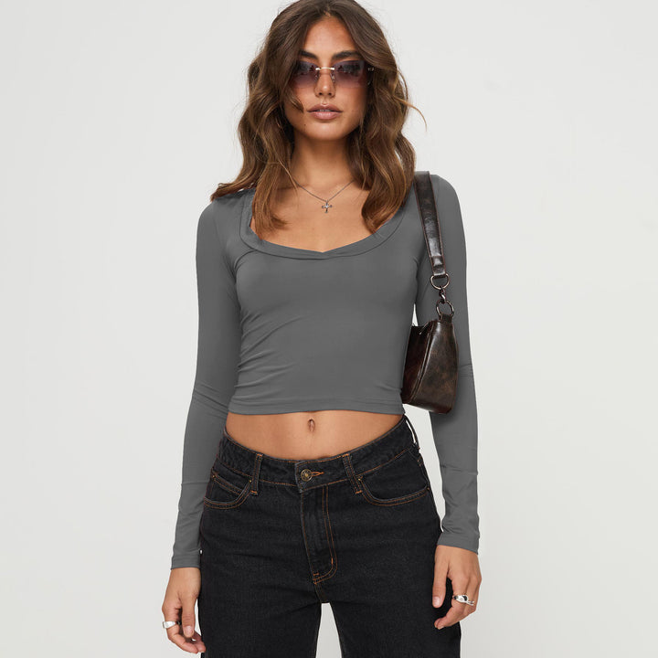 Dame højtaljede cropped top med kvadratisk brystudskæring og lange ærmer Stilla