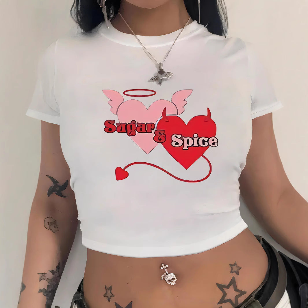 Dame Crop-T-Shirt med muntert kirsebærmotiv Skovae