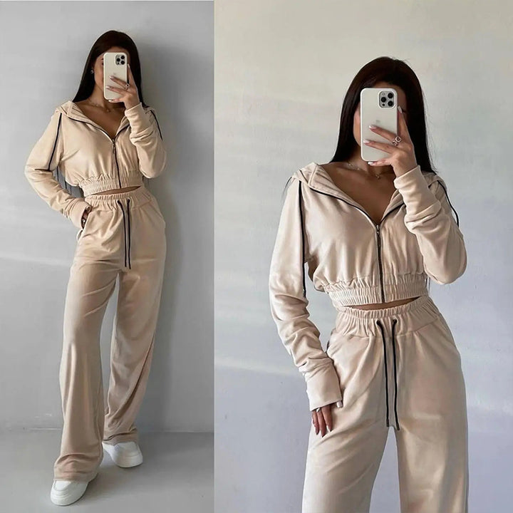 Kvinders afslappede fleece sæt med cropped top og brede bukser