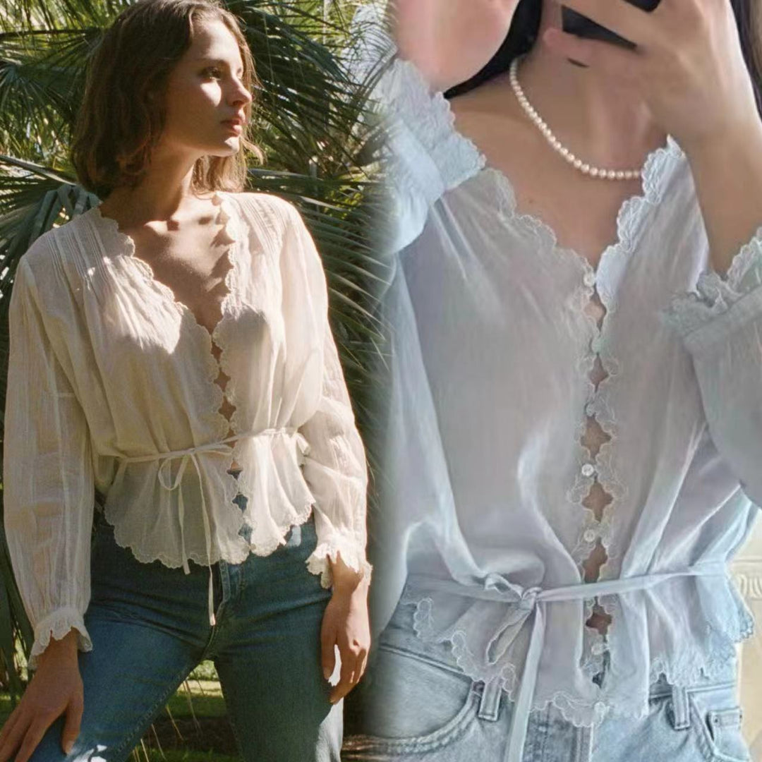 Dame luftig bluse med elegante spidsdetaljer og charmerende flæser Stilla