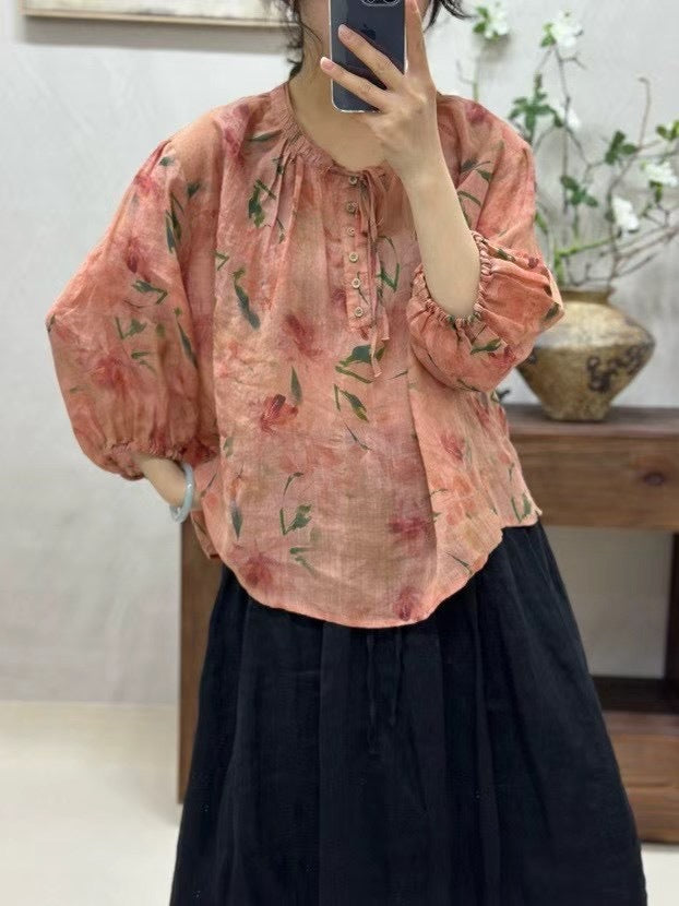 Femme Floral Print Let Knap-Bluse Stilla