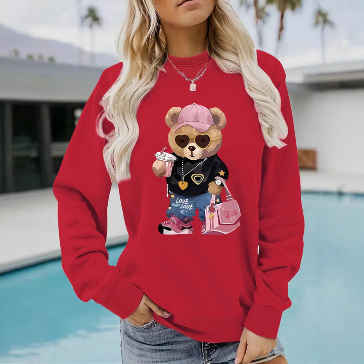 Kvinders sweatshirt med unikt tegneserie-bjørn design og trendy tekst Stilla