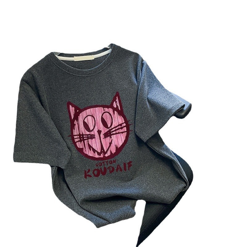 Dame T-shirt med kreativt kattemotiv og afslappet pasform Stilla
