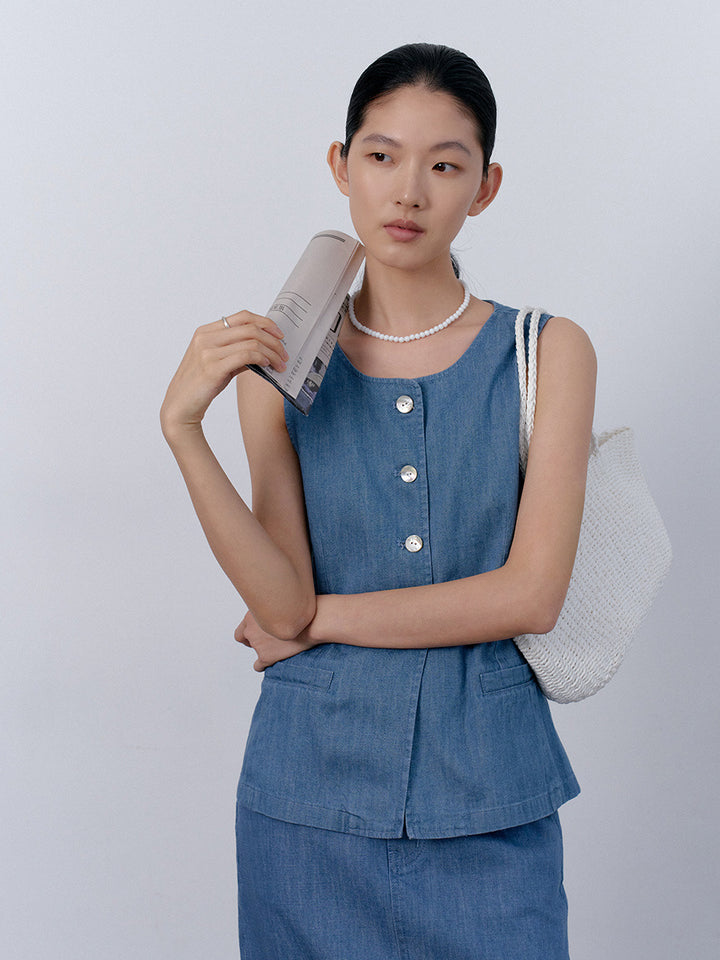 Dame ærmeløs blusevest i højkvalitets denim med praktiske lommer og elegante knapper Stilla