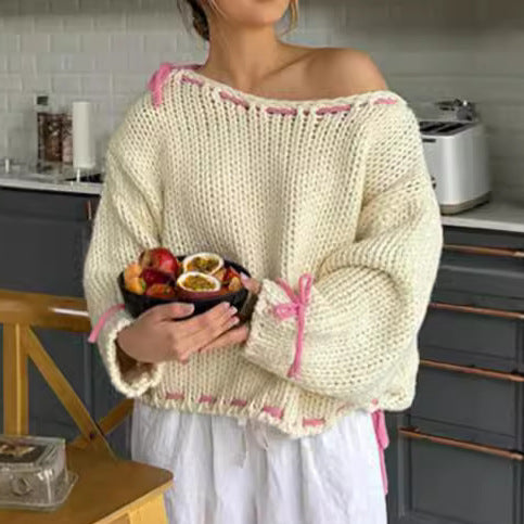 Kvindernes afslappede strikket sweater med åbne skuldre og snøre detaljer Stilla
