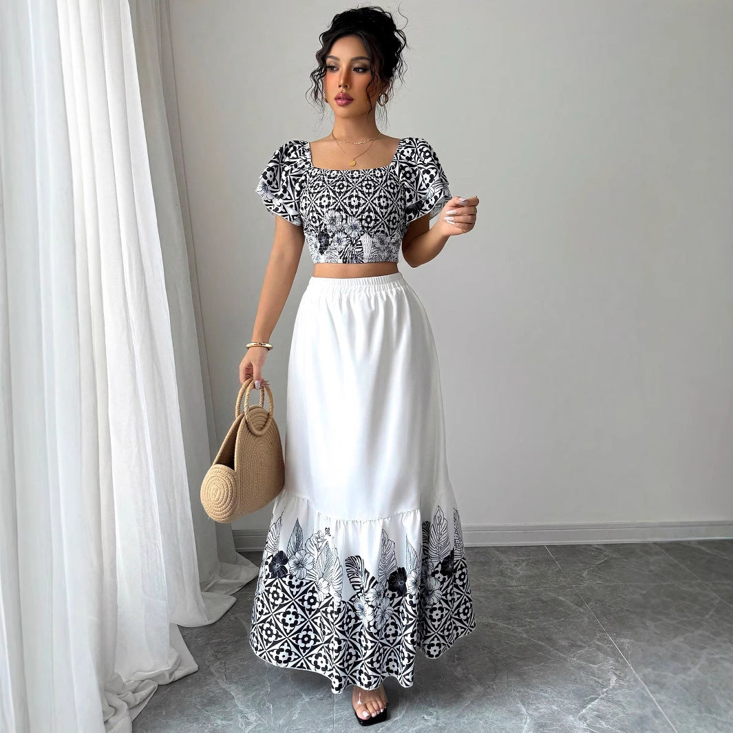 Dame Bohemian Trykt Crop Top og Maxi Skørt Sæt Stilla