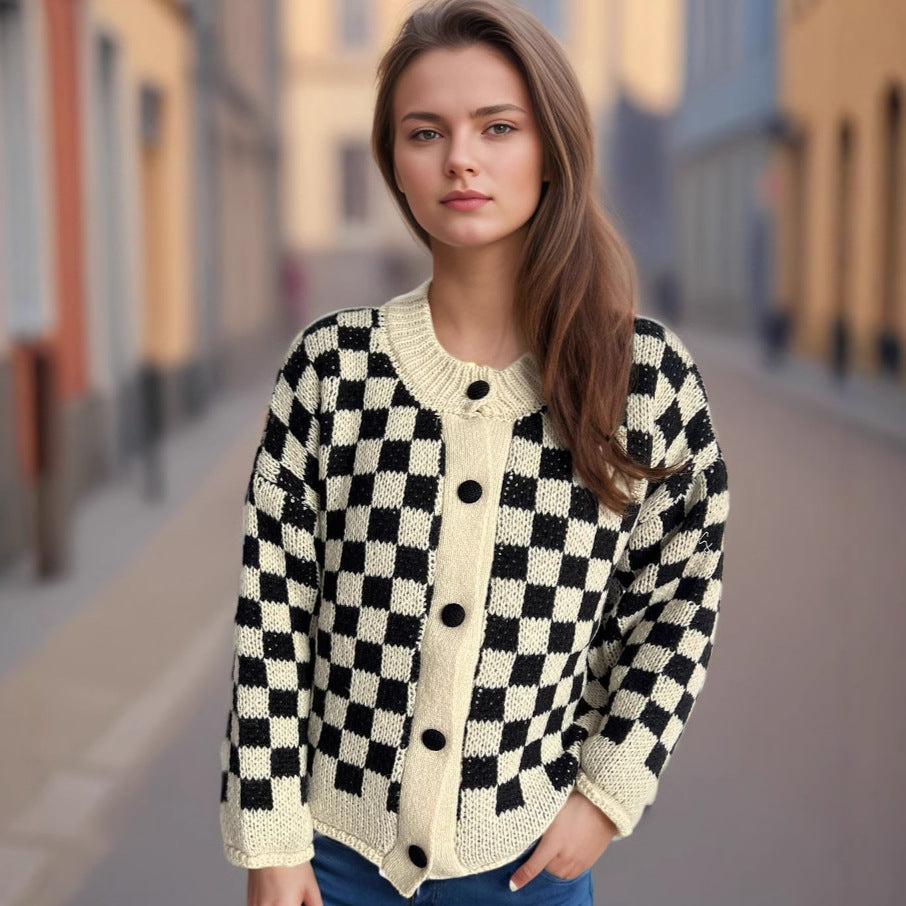 Kvinders mønstrede cardigan med store knapper og løs pasform Stilla