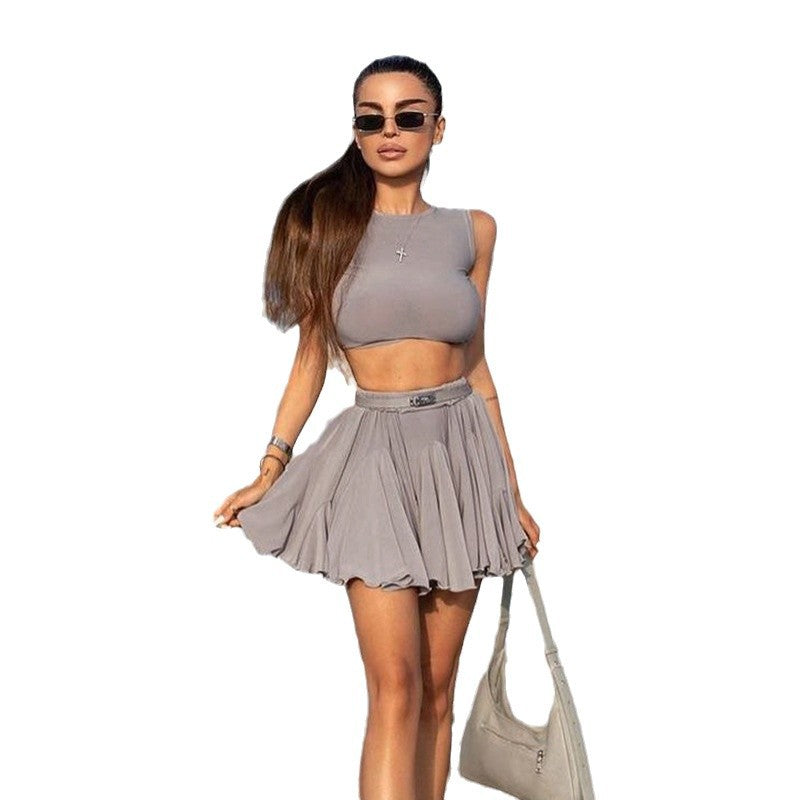 Dame crop top og plisseret nederdel sæt Stilla