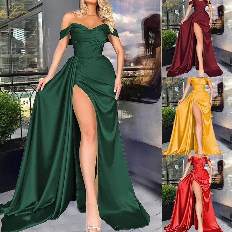Dame Off-Shoulder Aftenkjole med Høj Slids og Voluminøs Kjole Skovae