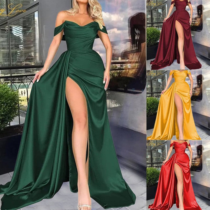 Dame Off-Shoulder Aftenkjole med Høj Slids og Voluminøs Kjole Skovae