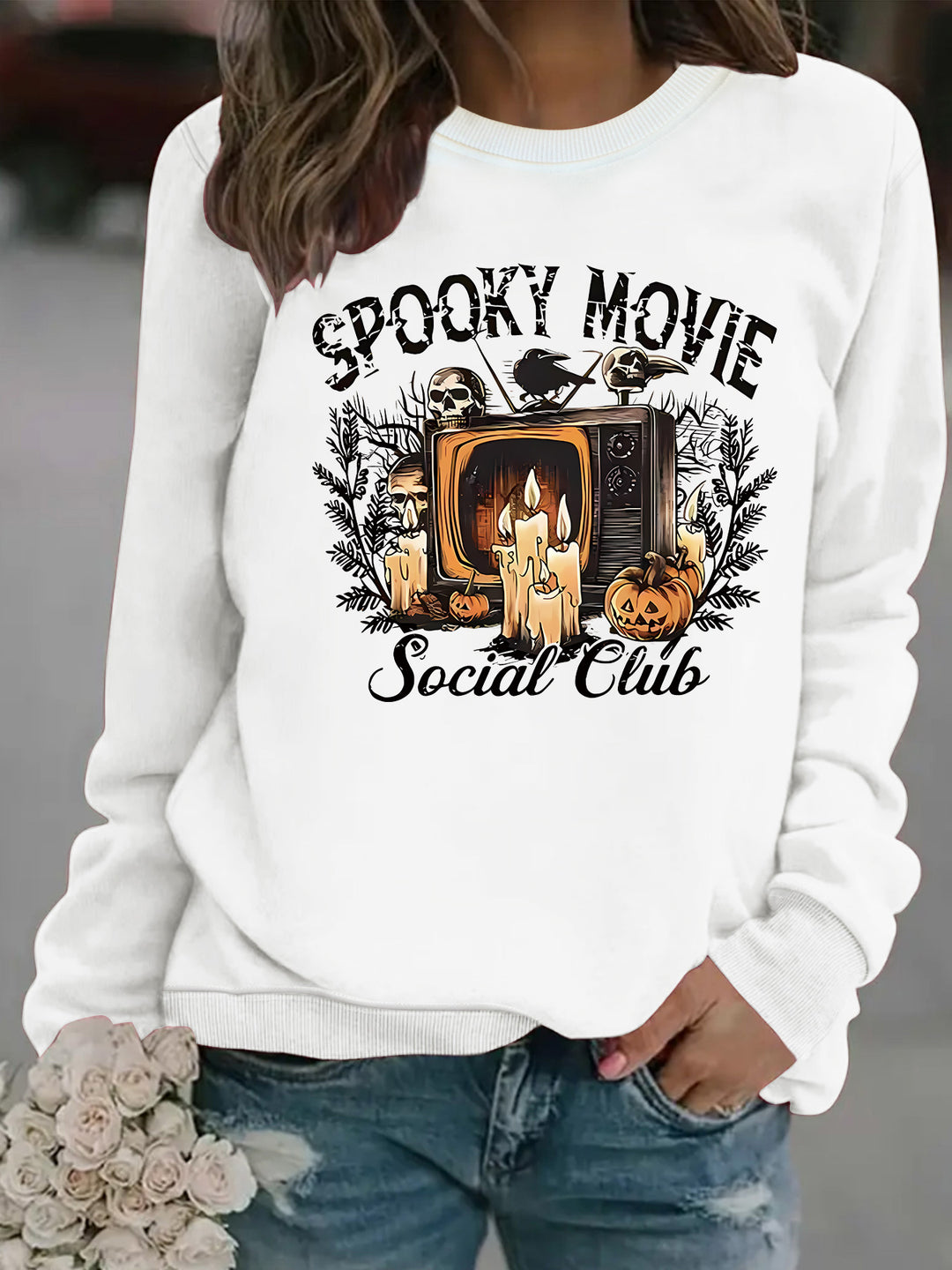 Dame sweatshirt med skræmmende film motiv og afslappet skæring Stilla