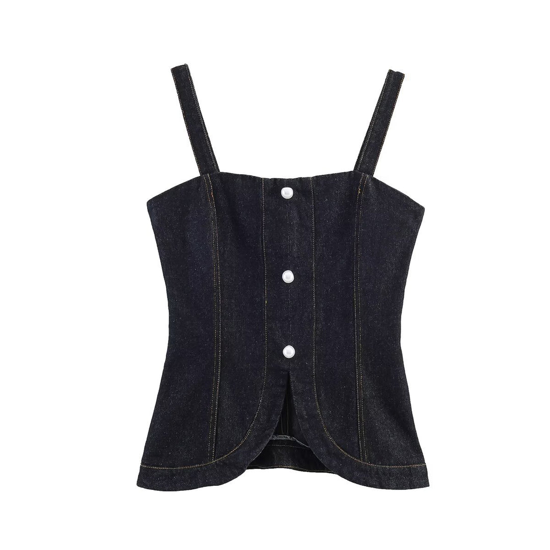 Dame Denim-Cami med tætsiddende pasform og dekorative knapper Skovae