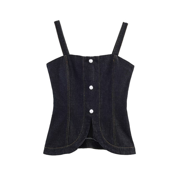 Dame Denim-Cami med tætsiddende pasform og dekorative knapper Skovae
