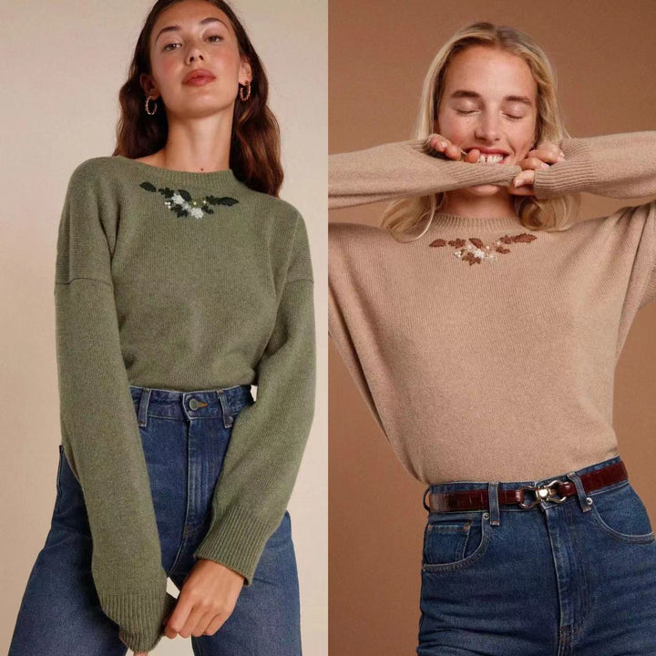 Dame strikpullover med blomsterbroderi og komfortabel pasform Stilla