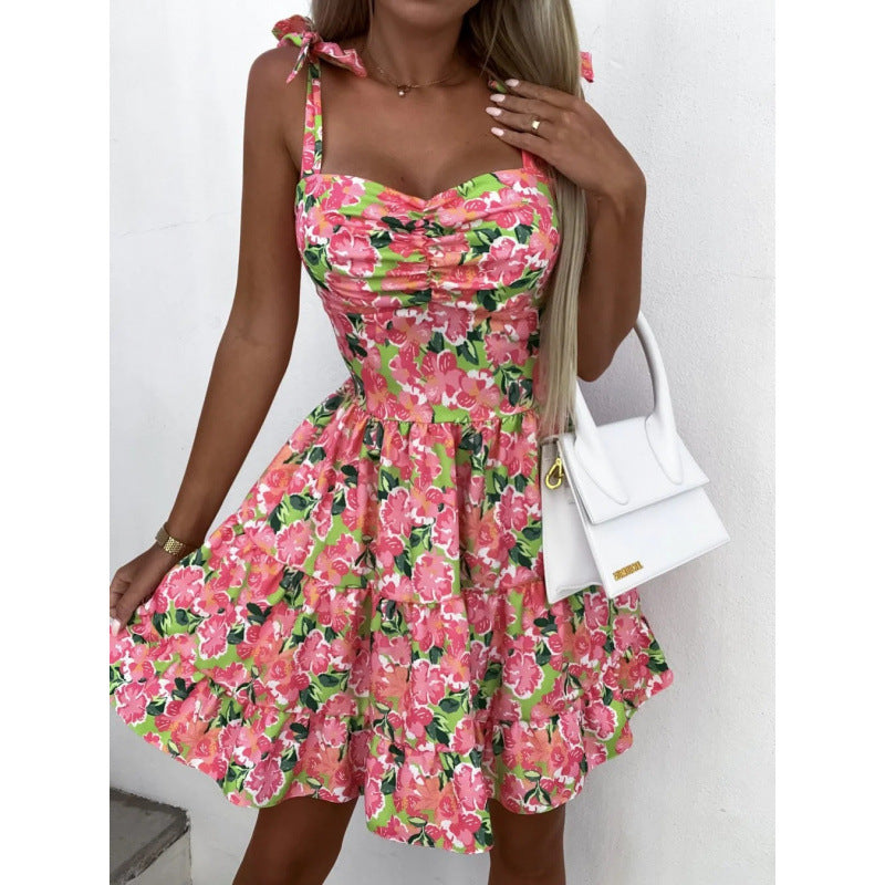 Dame Floral Print Laget Mini-Kjole med Justerbare Stropper Stilla