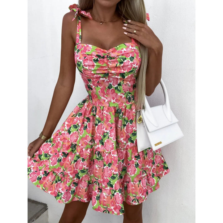 Dame Floral Print Laget Mini-Kjole med Justerbare Stropper Stilla