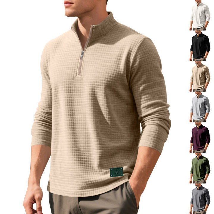 Herren nan lette vaffelstrik pullover med kort krave lynlås og rundet kant Skovae