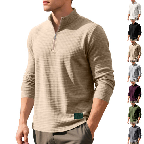 Herren nan lette vaffelstrik pullover med kort krave lynlås og rundet kant Skovae