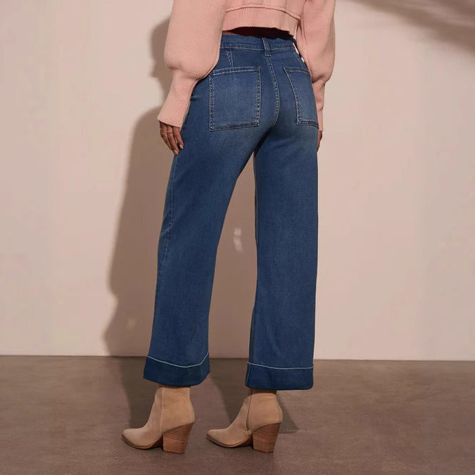 Dame brede denimbukser med høje lommer og moderne kant Stilla