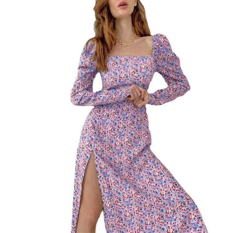 Dame blomsterprint puffærmer maxikjole Stilla