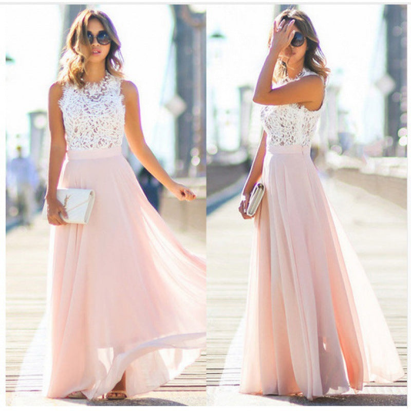 Dame maxi kjole med blomster spids top og flydende nederdel Stilla