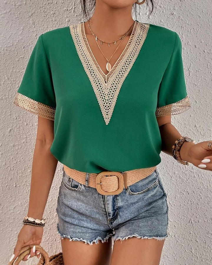 Dame elegant spids dekoreret V-hals bluse Stilla