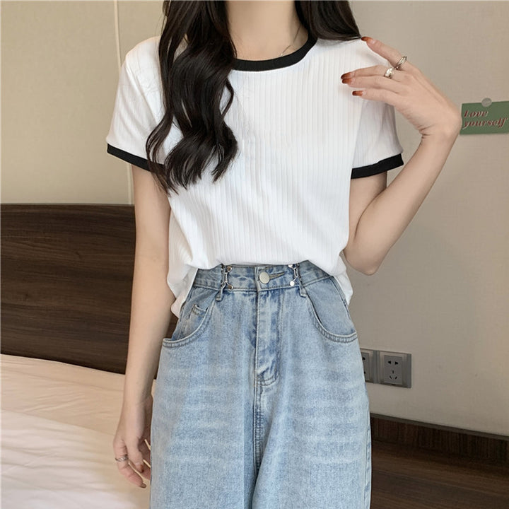 Dame Casual Rib Korte Ærme T-Shirt Stilla
