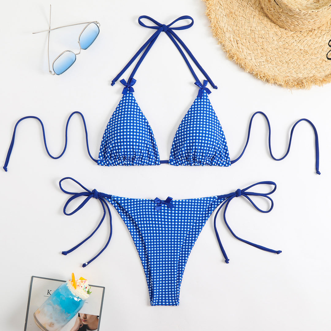 Dame triangel-bikini med legende ternet mønster og bindbare stropper Skovae