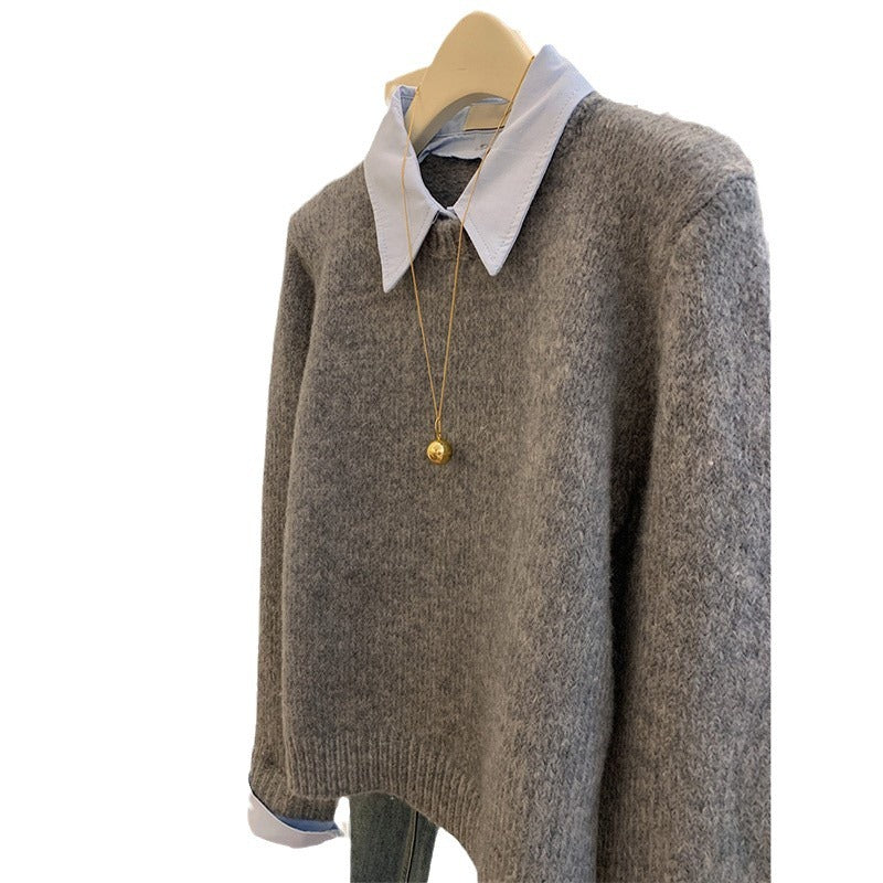 Dame strikpullover med stilfuld skjortekrave og moderne snit Stilla
