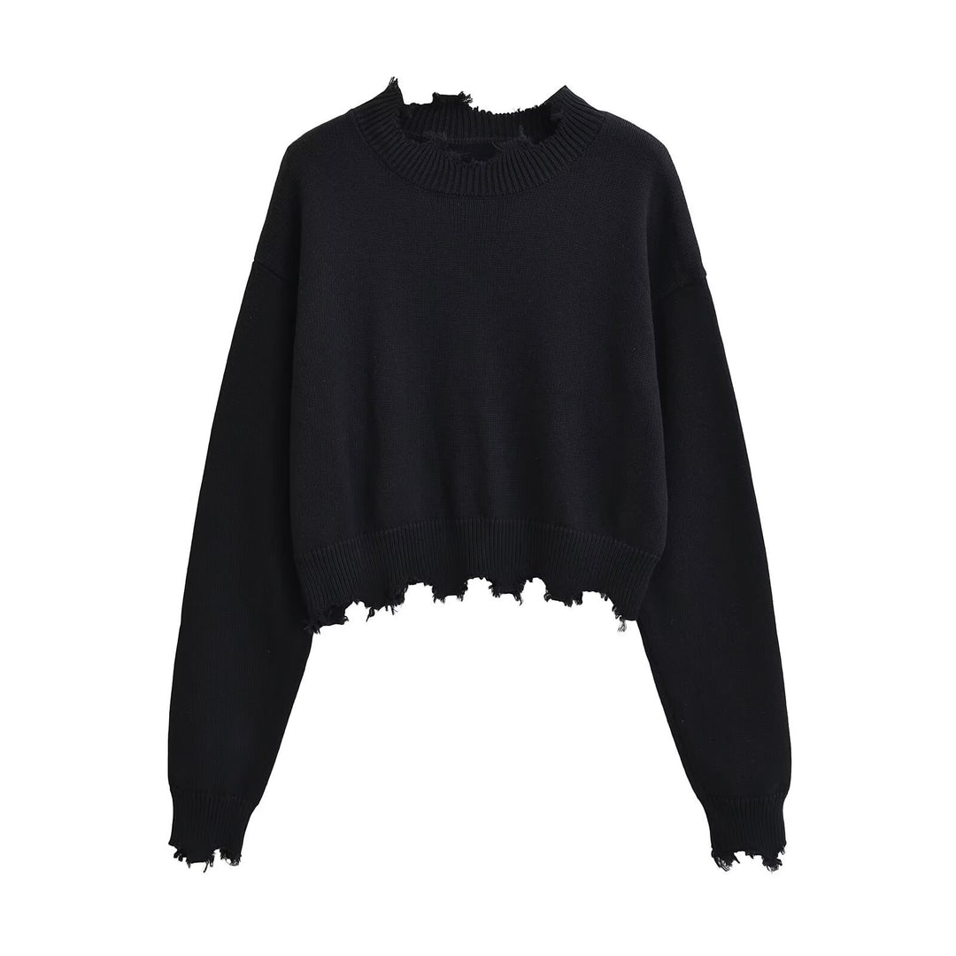 Dame afslappet cropped sweatshirt med trendy cut-out og frynset kant Stilla