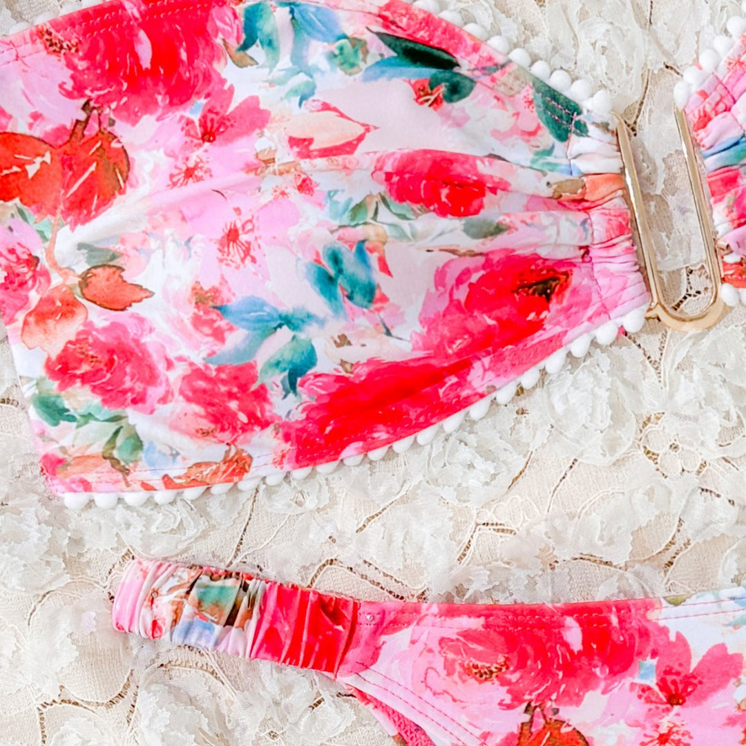 Dame Floral Print Bandeau Bikini Sæt Stilla