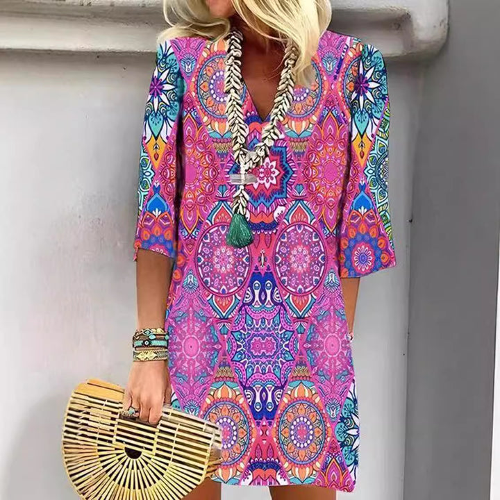 Dame nan kort Boho Strandkjole i Mandala-print med V-udskæring, trekvartærmer og afslappet A-linje Skovae