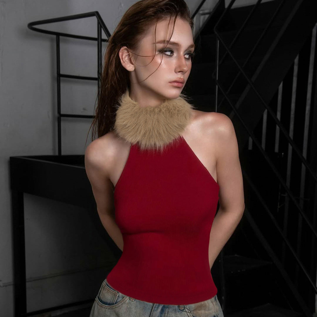 Damen elegantes langes Abendkleid mit raffiniertem Halter-Design und luxuriösem Kunstfellkragen Skovae