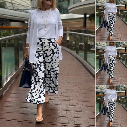 Dame bred culotte-bukser med blomsterprint og elastisk talje Stilla