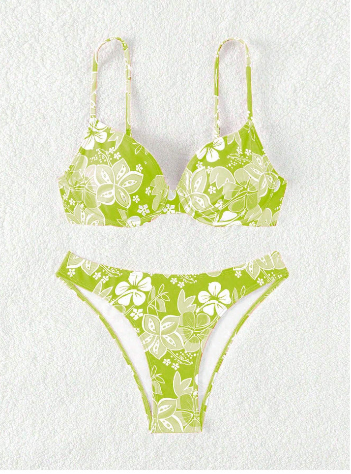 Dame polstret trekant-bikini med blomstermotiv og justerbare stropper Skovae