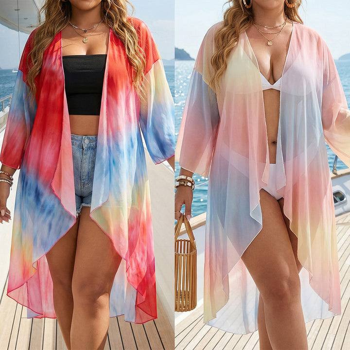Dame transparent strandkimono med trendy ombre-design Skovae