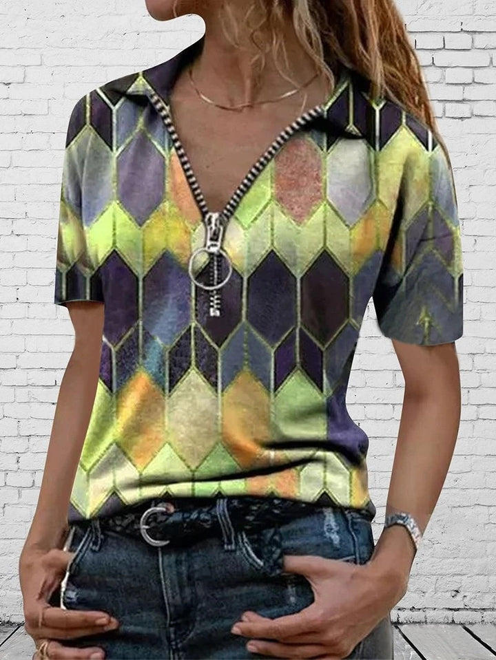 Dame mode kortærmet T-shirt med lynlås og geometrisk mønster Stilla