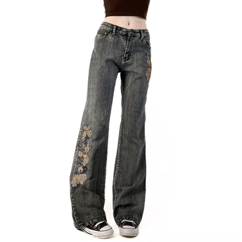 Dame Flared Jeans med floralt broderidesign Skovae