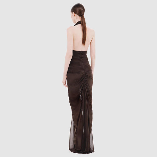 Dame elegant strapless aftenkjole med raffineret drapering og dyb udskæring Skovae