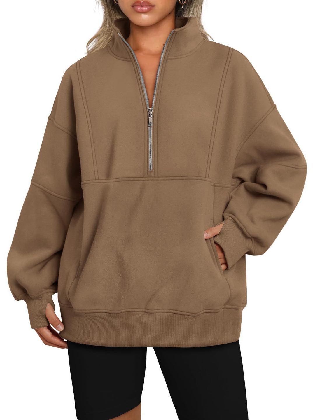 Dame Sporty Hoodie med halvdelen lynlås og voluminøse ærmer Stilla