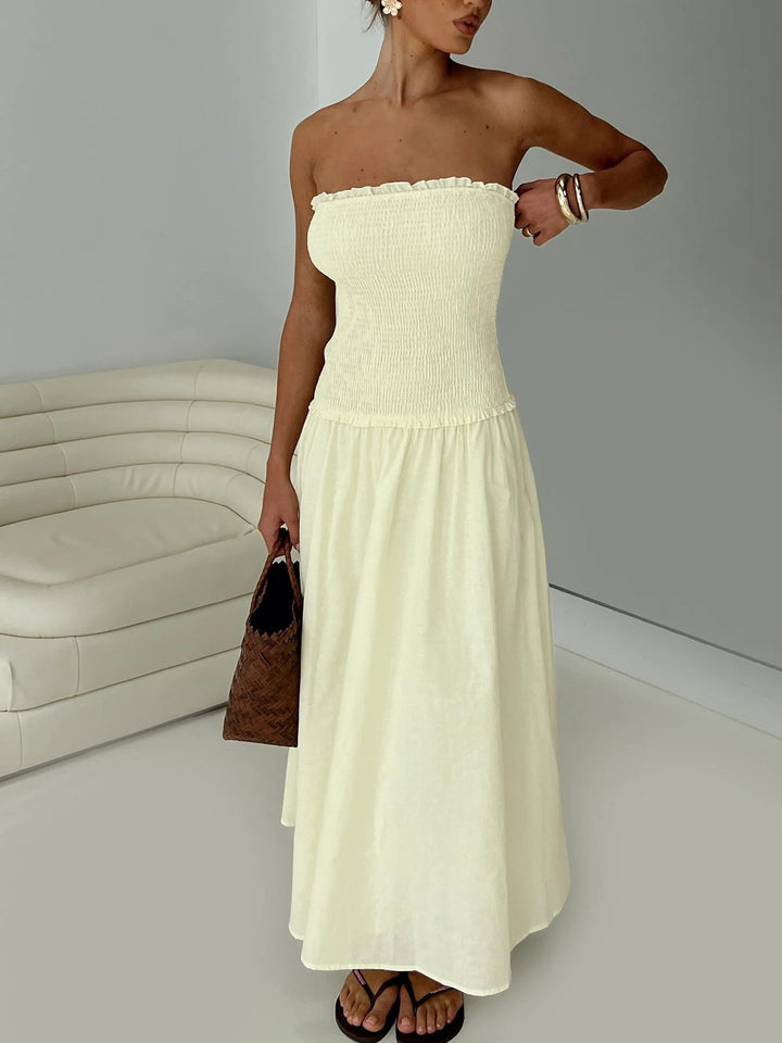 Dame off-shoulder maxikjole med rynket overdel Stilla