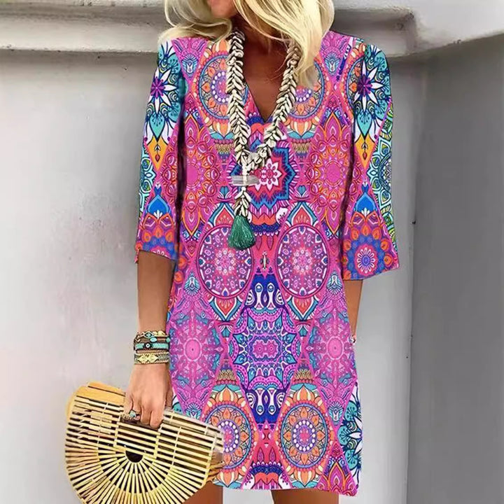 Dame nan kort Boho Strandkjole i Mandala-print med V-udskæring, trekvartærmer og afslappet A-linje Skovae